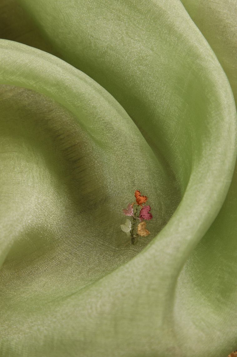 Olive Green Organza Saree with Multy Coiour Zari Floral Puttas view 4
