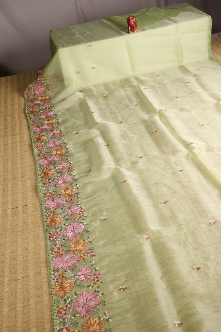 Olive Green Organza Saree with Multy Coiour Zari Floral Puttas view 2