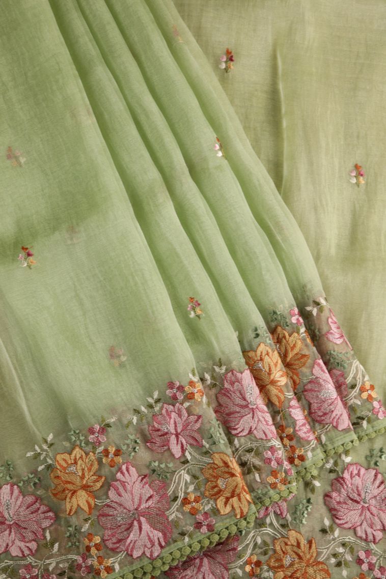 Olive Green Organza Saree with Multy Coiour Zari Floral Puttas view 1