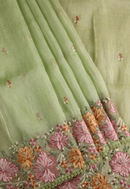 Olive Green Organza Saree with Multy Coiour Zari Floral Puttas