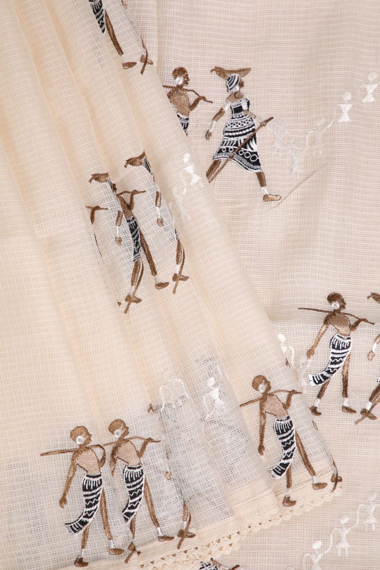 Vanilla Custard Yellow Organza Saree with Without Zari Zari Tribal Or Folk Art view 1