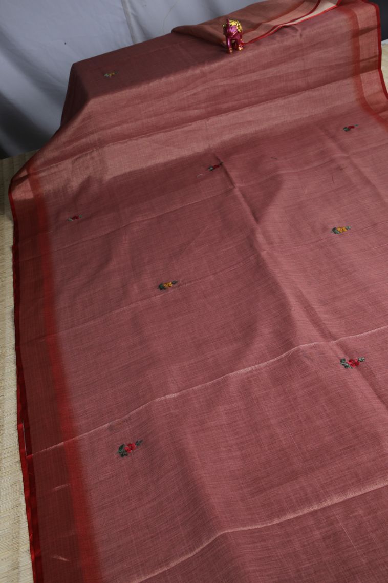 Blush Red Linen Saree with Gold Zari Buttis (small Dots Or Motifs) view 2