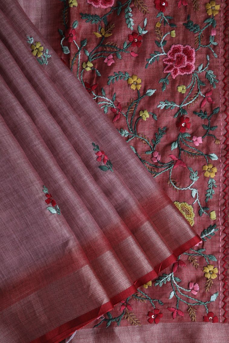 Blush Red Linen Saree with Gold Zari Buttis (small Dots Or Motifs) view 1