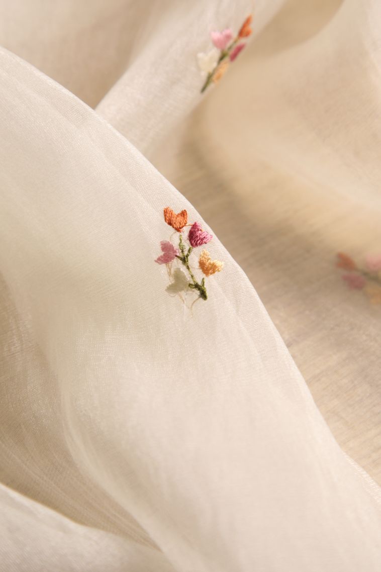 Alabaster White Organza Saree with Multy Coiour Zari Floral Puttas view 4