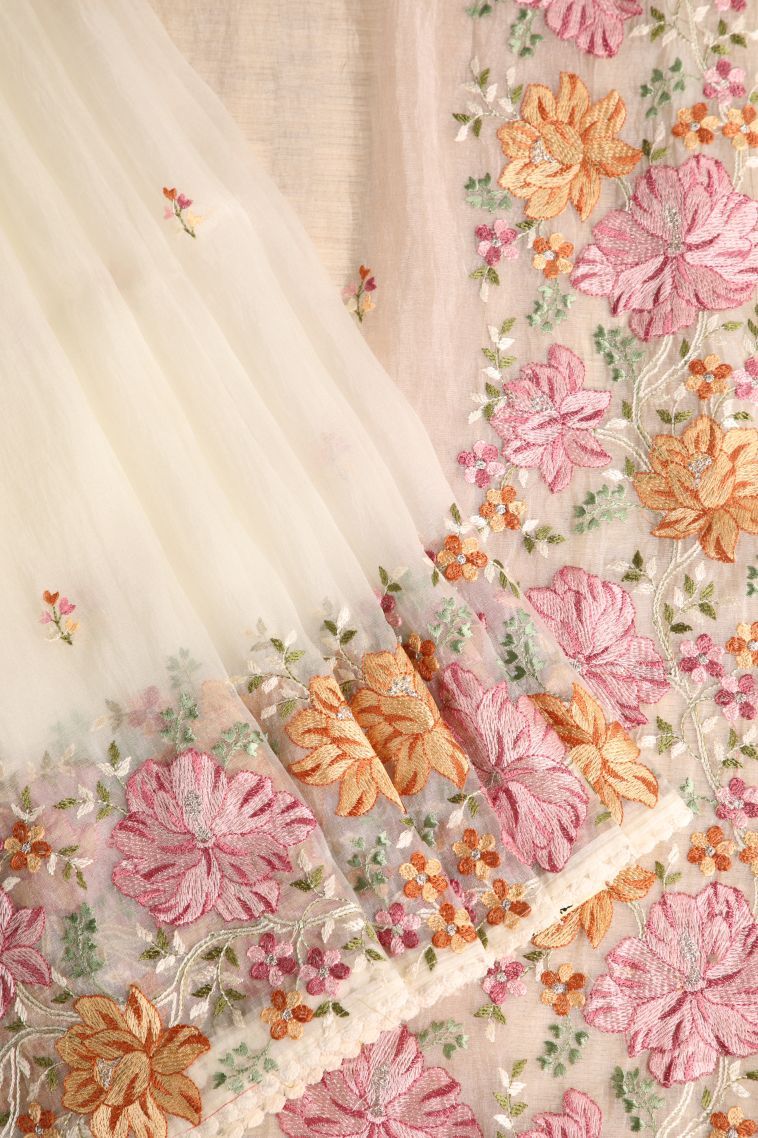 Alabaster White Organza Saree with Multy Coiour Zari Floral Puttas view 1