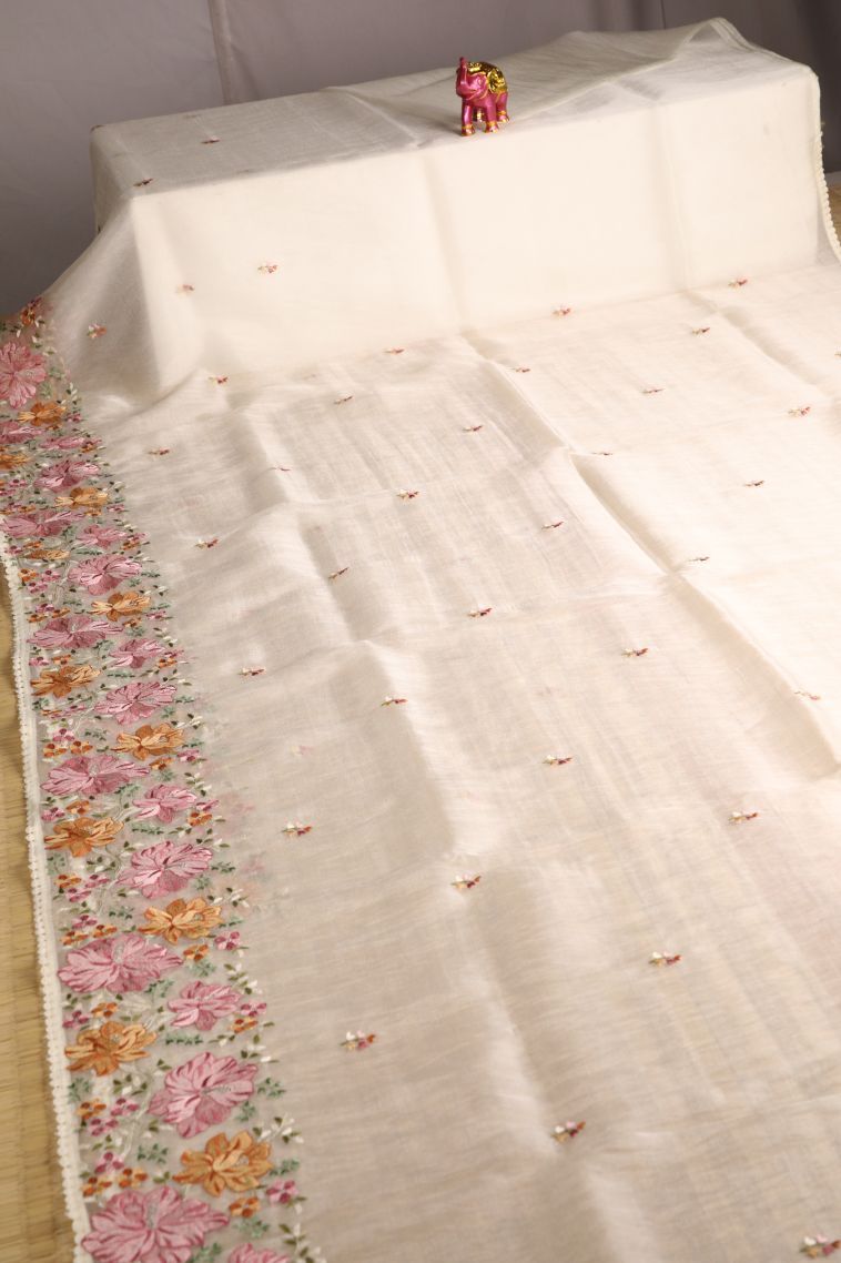 Alabaster White Organza Saree with Multy Coiour Zari Floral Puttas view 2