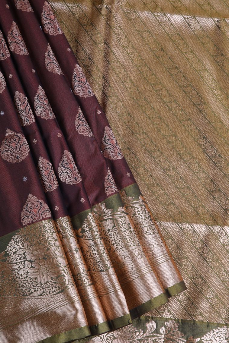 Cinnamon Brown Apoorva Silk Sarees with Gold Zari Floral Patterns view 1