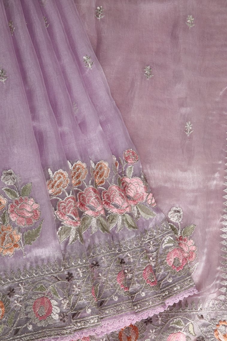 Lavender Organza Saree with Silver Zari Floral Patterns view 1