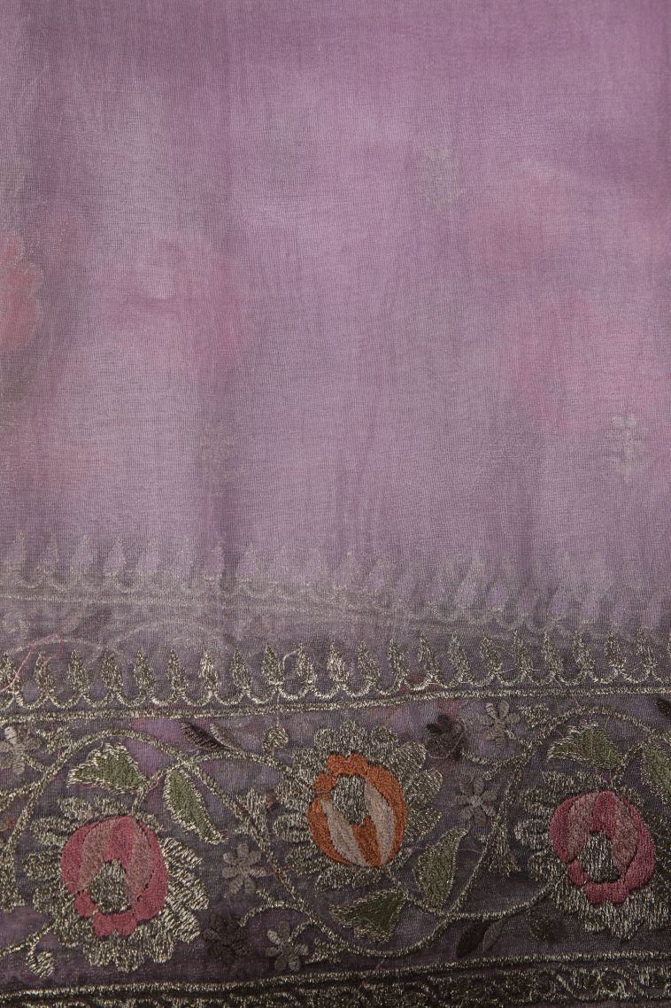 Lavender Organza Saree with Silver Zari Floral Patterns view 3