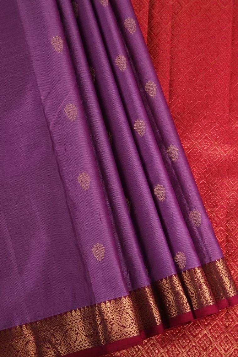 Amethyst Purple Soft Silk Saree with Gold Zari Floral Puttas view 1
