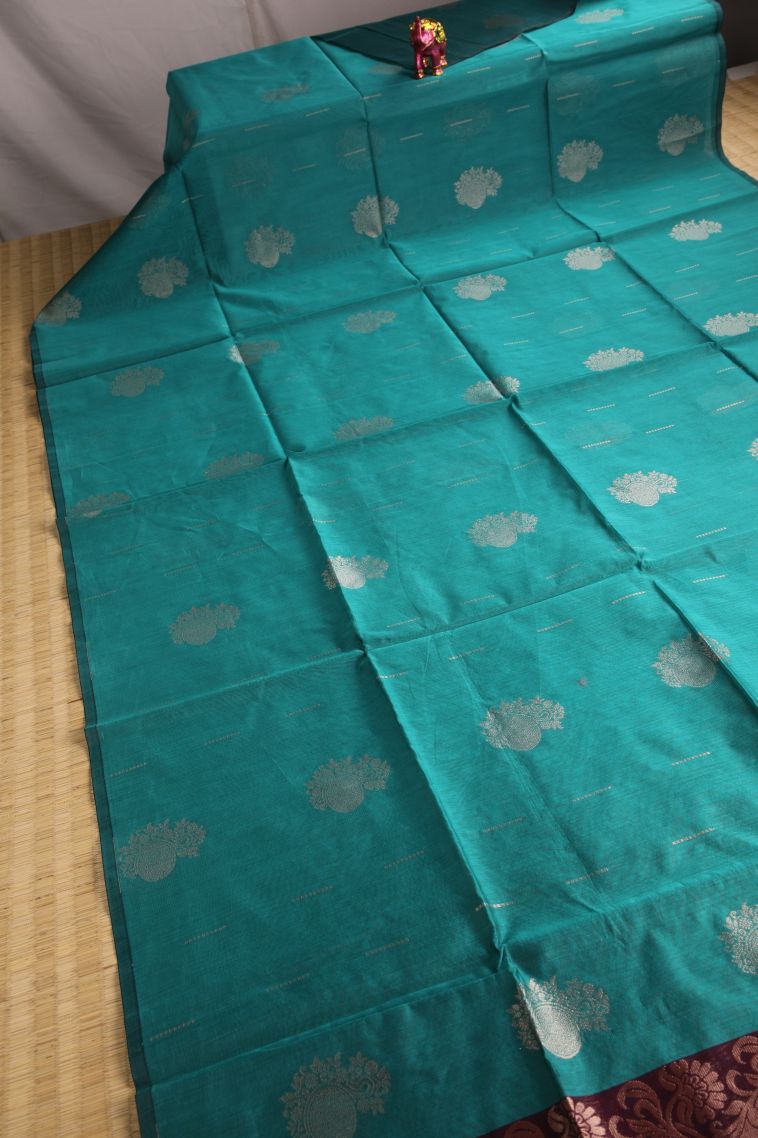 Cerulean Blue Silk Cotton with Gold Zari Floral Puttas view 2