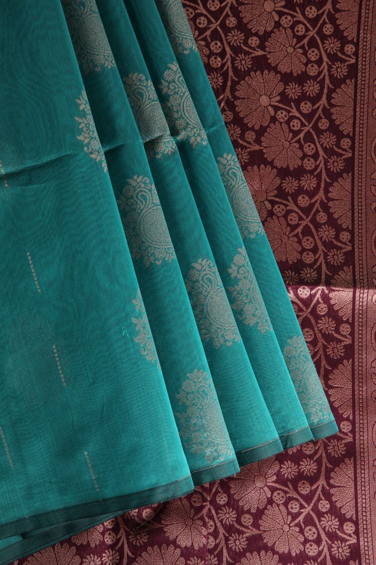 Cerulean Blue Silk Cotton with Gold Zari Floral Puttas view 1