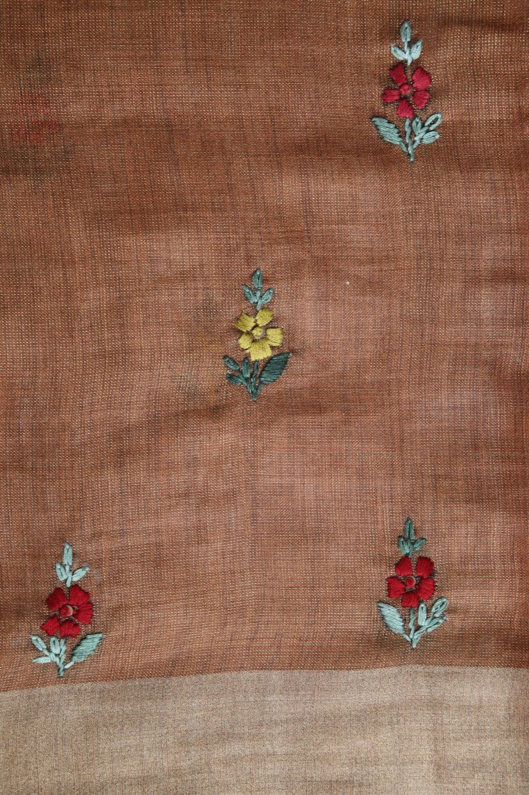 Peanut Brown Linen Saree with Gold Zari Buttis (small Dots Or Motifs) view 3