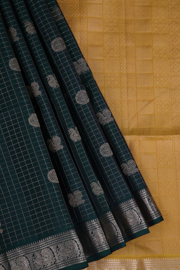 Bottle Green Soft Silk Saree with Gold Zari Peacock Motifs view 1