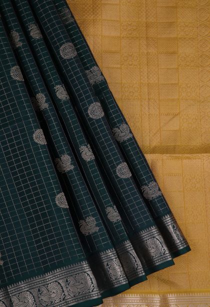 Bottle Green Soft Silk Saree with Gold Zari Peacock Motifs