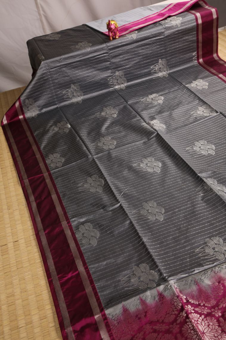Granite Black Soft Silk Saree with Silver Zari Floral Puttas view 2