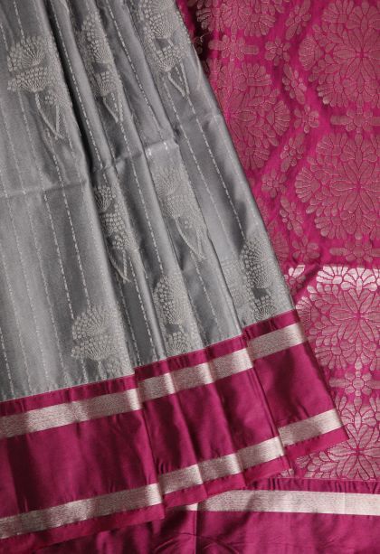 Granite Black Soft Silk Saree with Silver Zari Floral Puttas