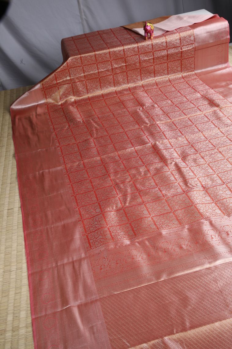 Fire Orange Tissue Silk Sarees with Gold Zari Floral Patterns view 2