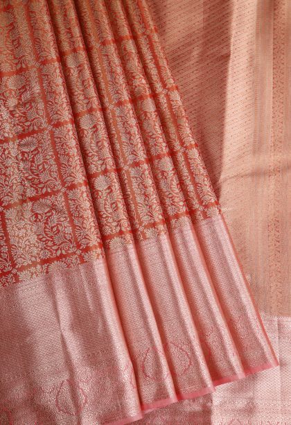 Fire Orange Tissue Silk Sarees with Gold Zari Floral Patterns
