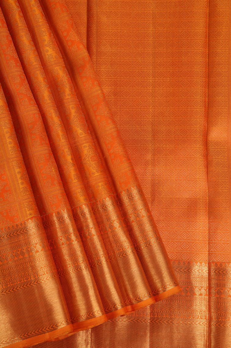 Candy Orange Kanchipuram Silk Sarees with Gold Zari Checks And Puttas view 1