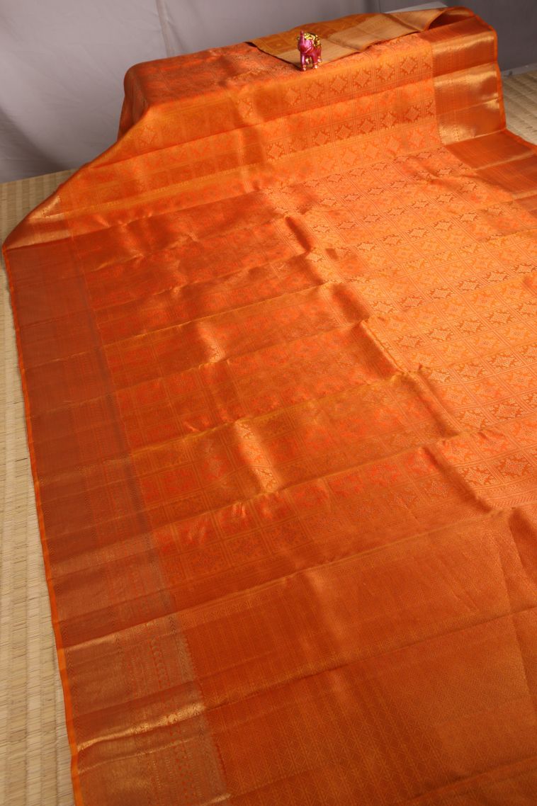 Candy Orange Kanchipuram Silk Sarees with Gold Zari Checks And Puttas view 2
