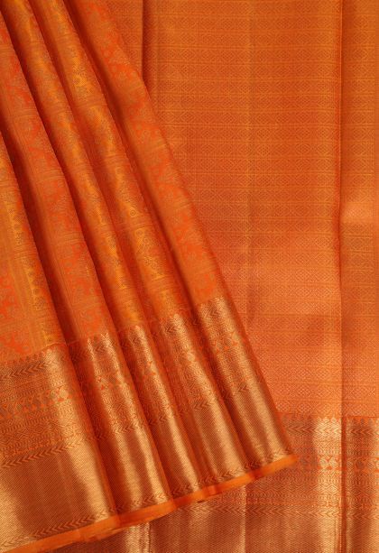 Candy Orange Kanchipuram Silk Sarees with Gold Zari Checks And Puttas