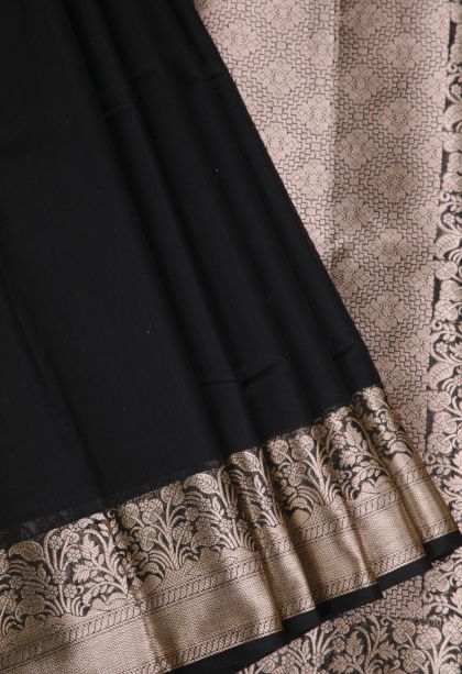 Asphalt Black Chanderi Cotton Sarees with Gold Zari Plain