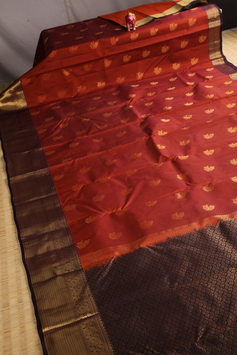 Fire Orange Soft Silk Saree with Gold Zari Floral Puttas view 2