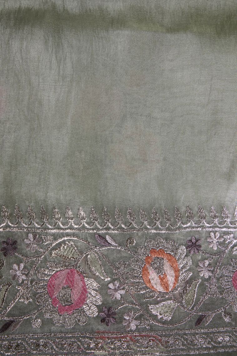 Pistachio Green Organza Saree with Silver Zari Floral Patterns view 3
