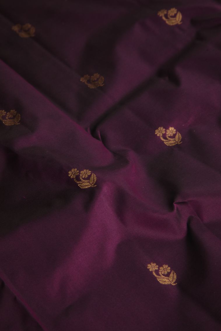 Plum Purple Soft Silk Saree with Gold Zari Floral Puttas view 4
