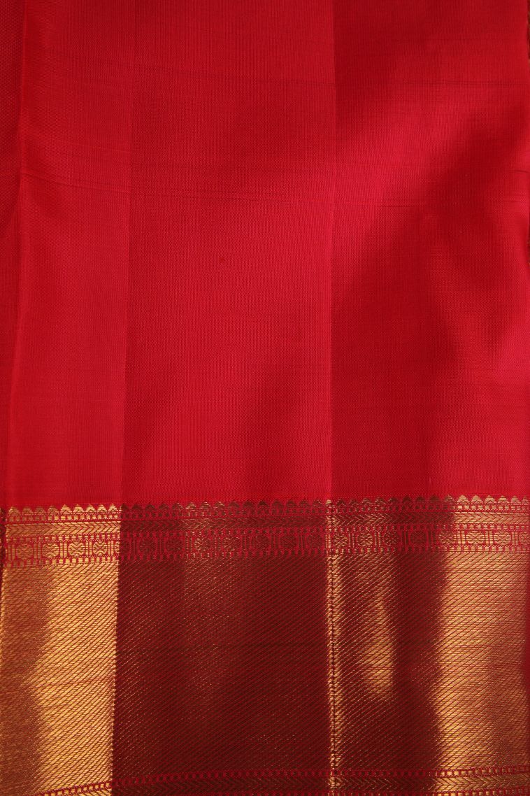 Candy Red Kanchipuram Silk Sarees with Gold Zari Chariot  And Peacock view 3