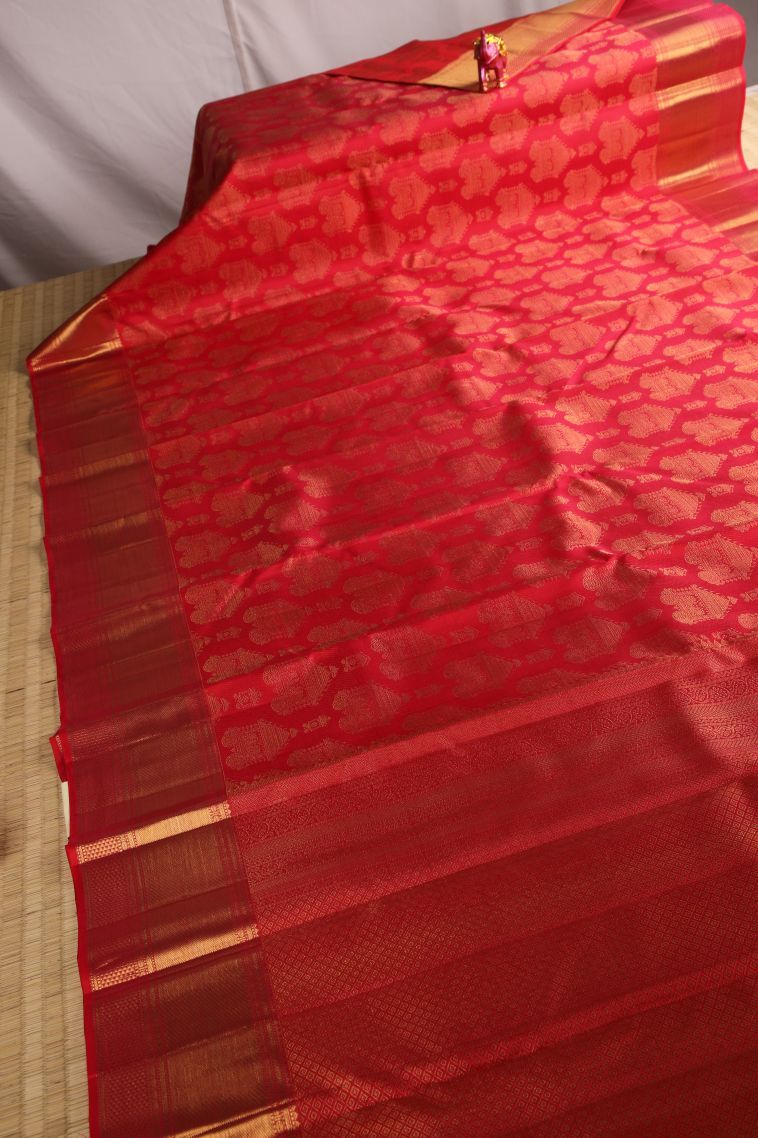 Candy Red Kanchipuram Silk Sarees with Gold Zari Chariot  And Peacock view 2