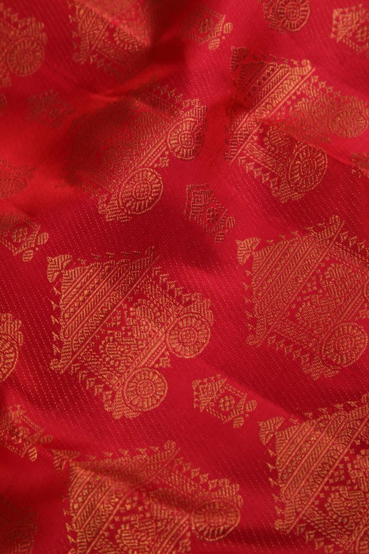 Candy Red Kanchipuram Silk Sarees with Gold Zari Chariot  And Peacock view 4