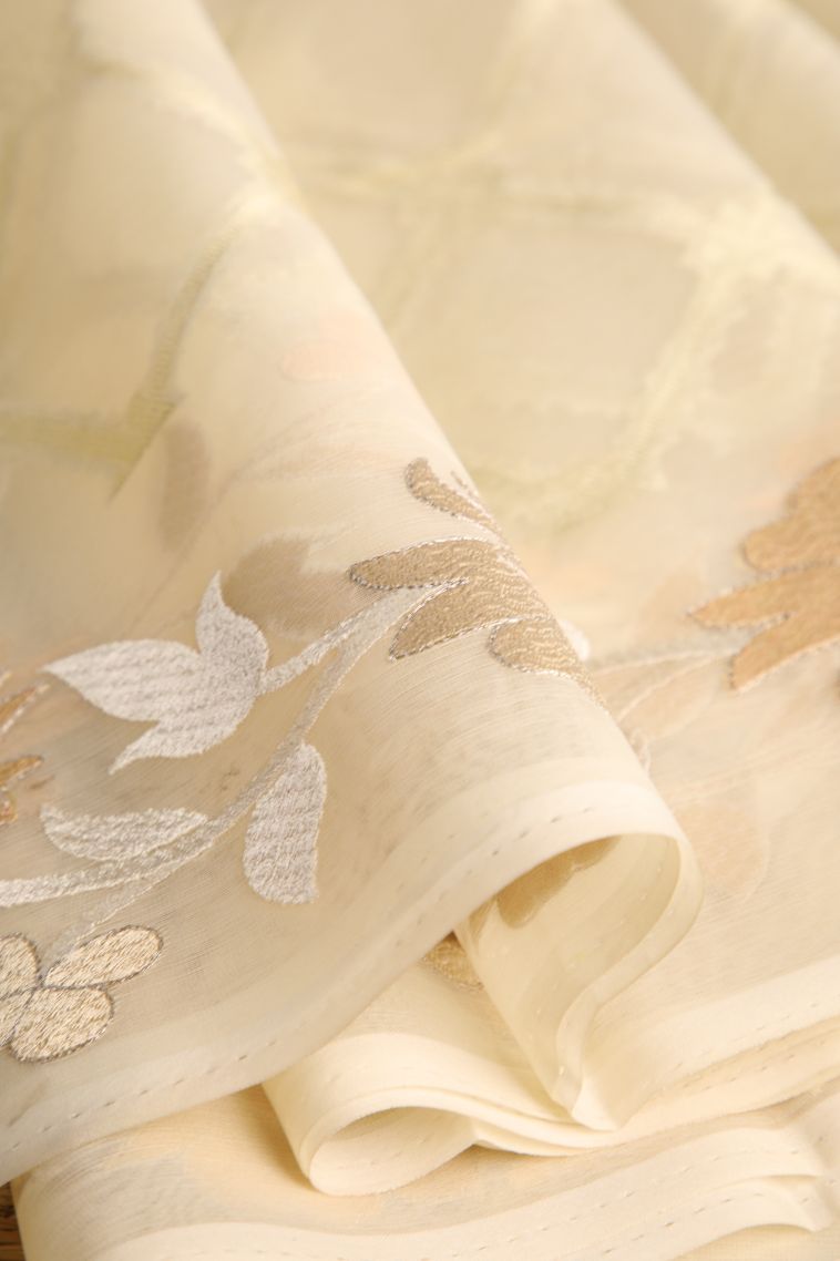 Cream White Organza Saree with Antic Zari Geometric Shapes view 4