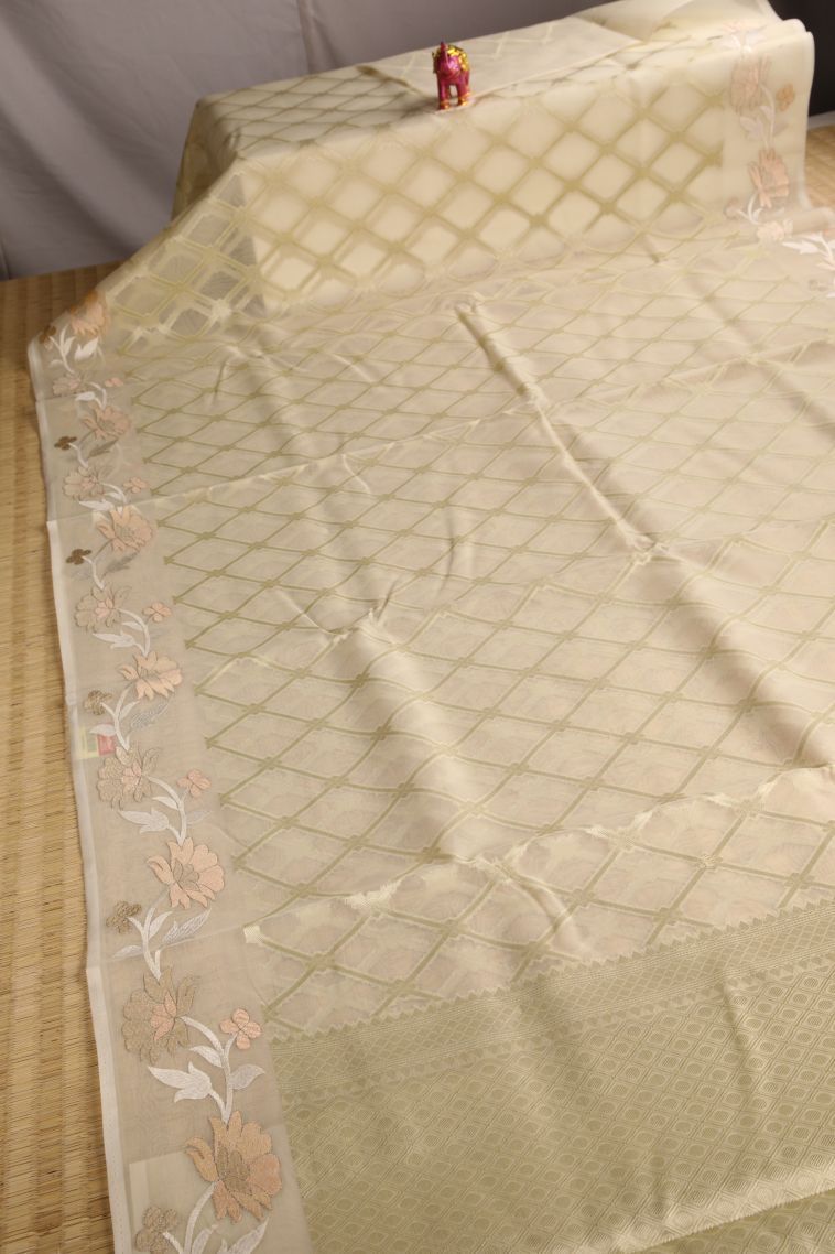 Cream White Organza Saree with Antic Zari Geometric Shapes view 2