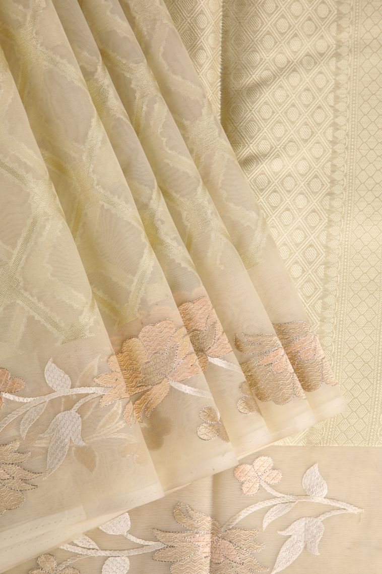 Cream White Organza Saree with Antic Zari Geometric Shapes view 1