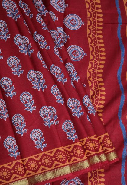 Crimson Red Chanderi Cotton Sarees with Without Zari Zari Floral Patterns