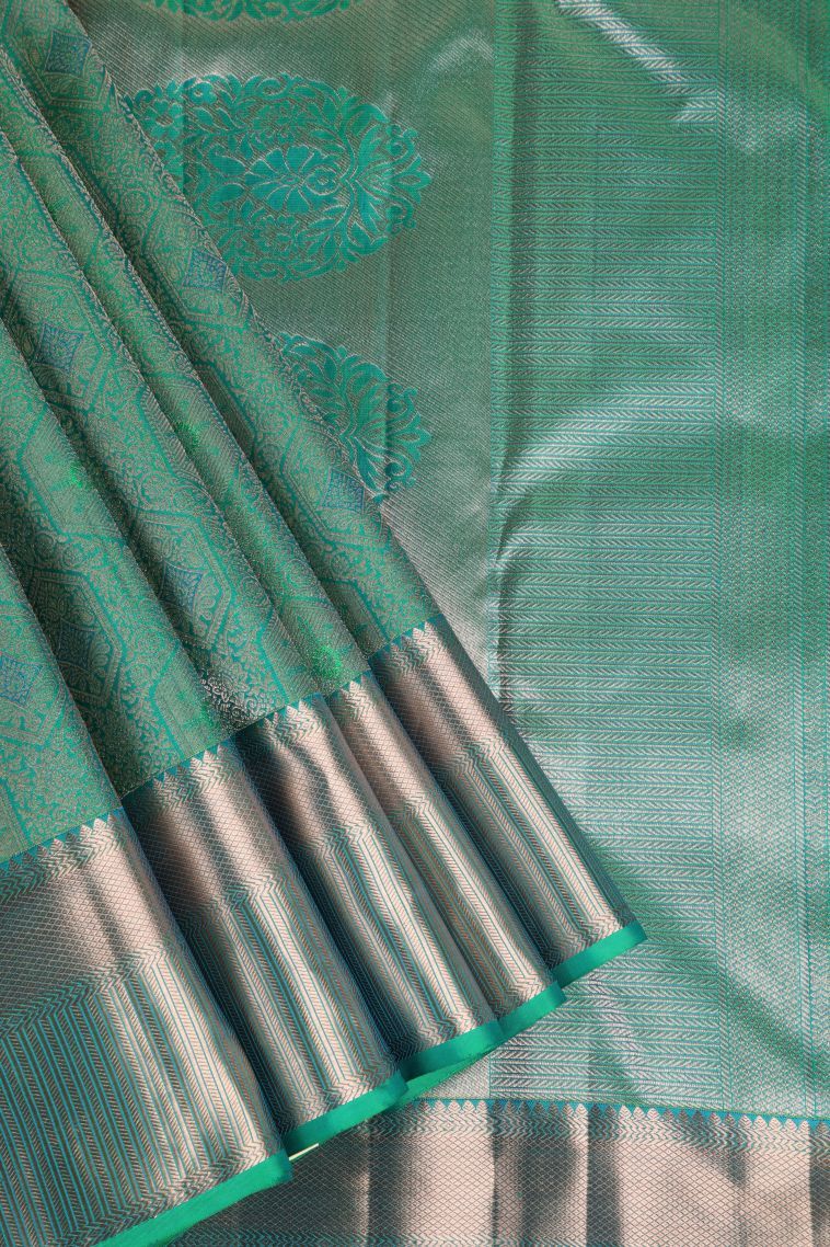 Sapphire Blue Kanchipuram Silk Sarees with Gold Zari Floral Patterns view 1