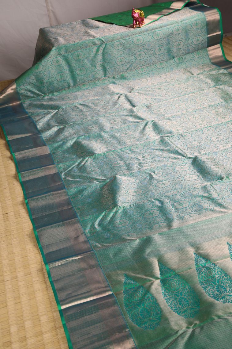 Sapphire Blue Kanchipuram Silk Sarees with Gold Zari Floral Patterns view 2