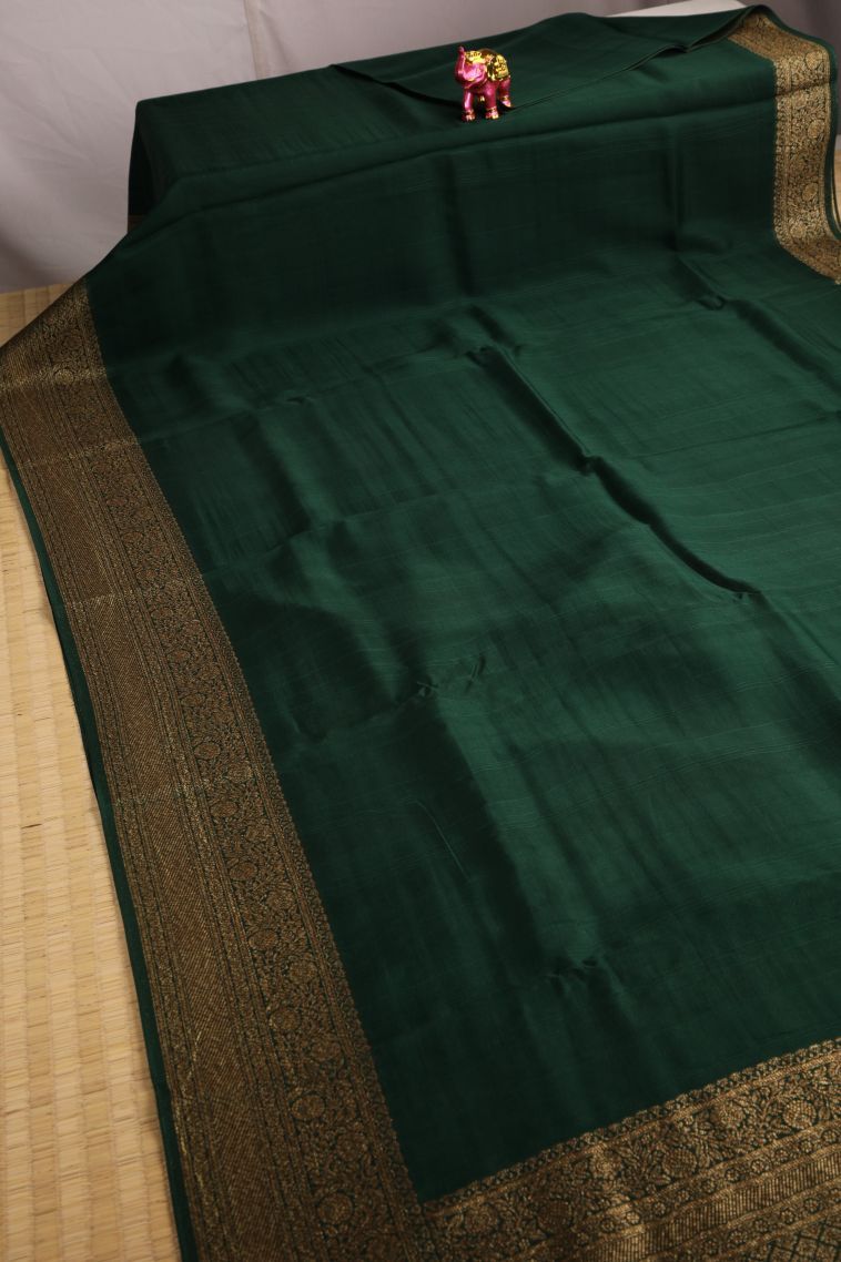 Bottle Green Banaras Sarees with Gold Zari Plain view 2