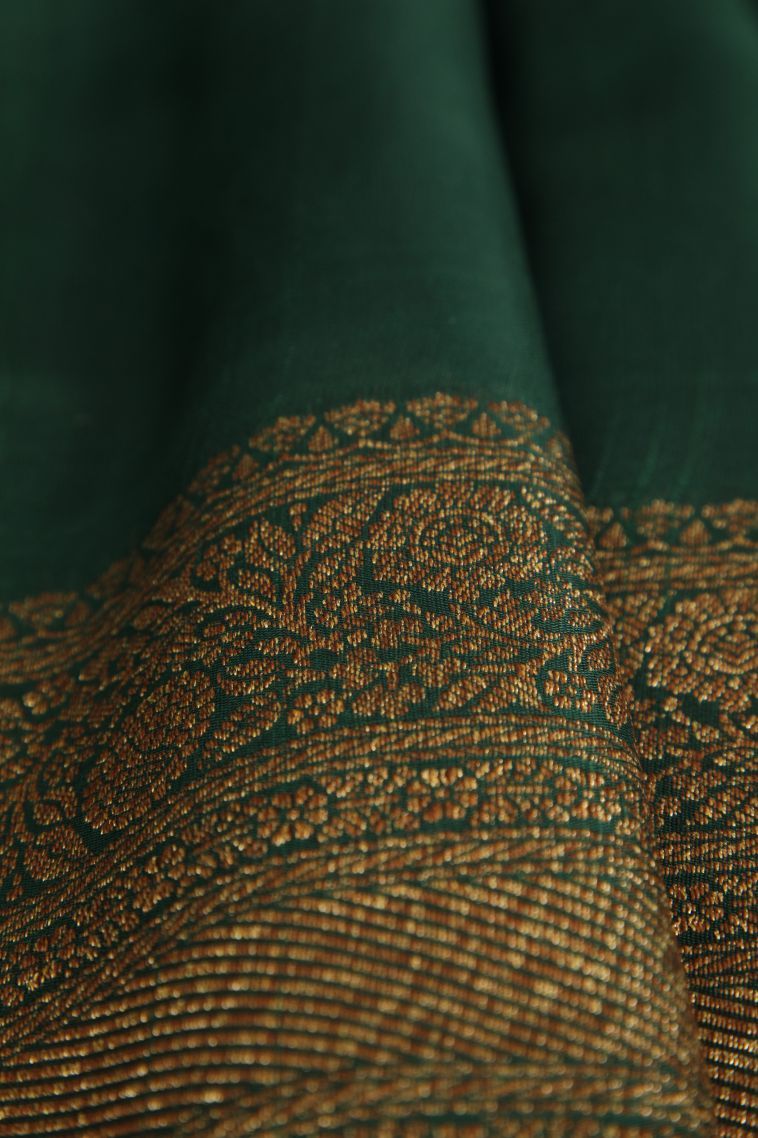 Bottle Green Banaras Sarees with Gold Zari Plain view 4