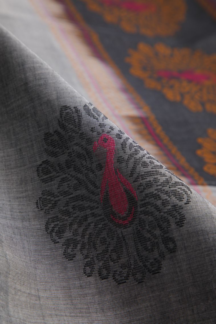 Gray Black Pure Handloom Kovai Cotton with Without Zari Zari Peacock Motifs view 4