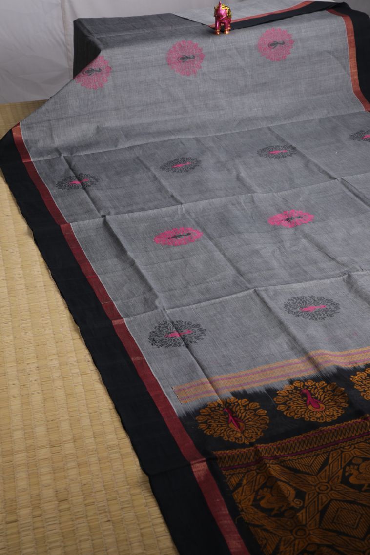 Gray Black Pure Handloom Kovai Cotton with Without Zari Zari Peacock Motifs view 2