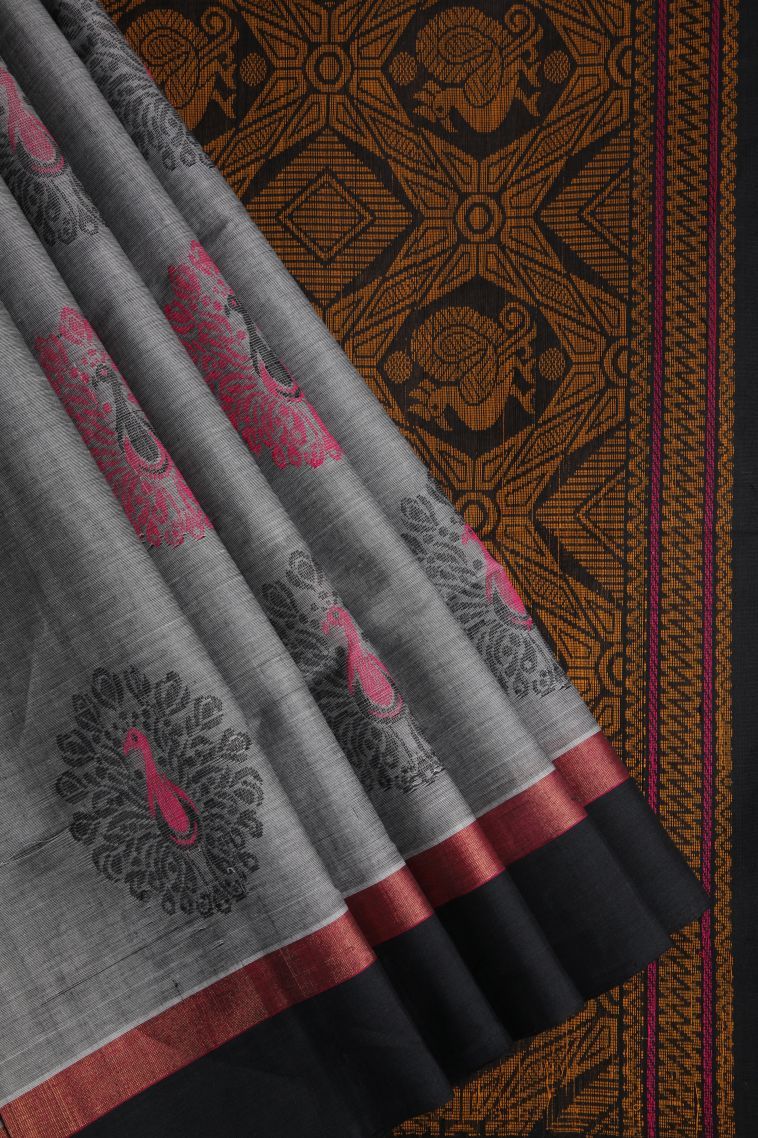 Gray Black Pure Handloom Kovai Cotton with Without Zari Zari Peacock Motifs view 1