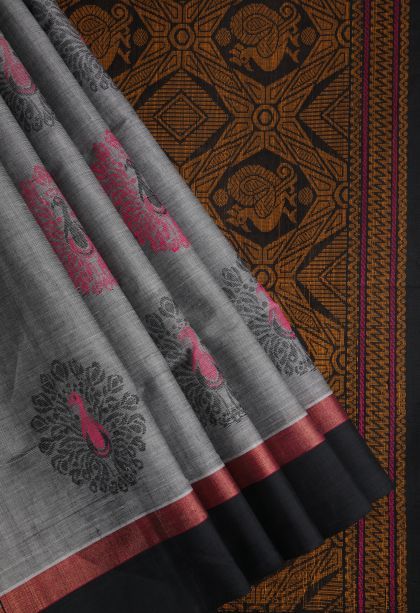 Gray Black Pure Handloom Kovai Cotton with Without Zari Zari Peacock Motifs