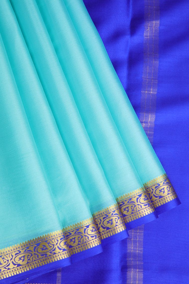Arctic Blue Mysore Silk with Gold Zari Plain view 1