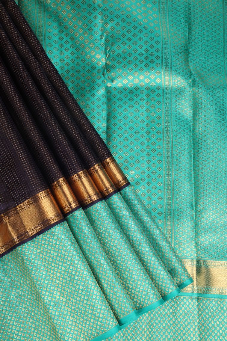 Indigo Blue Kanchipuram Silk Sarees with Gold Zari Vaira Oosi view 1