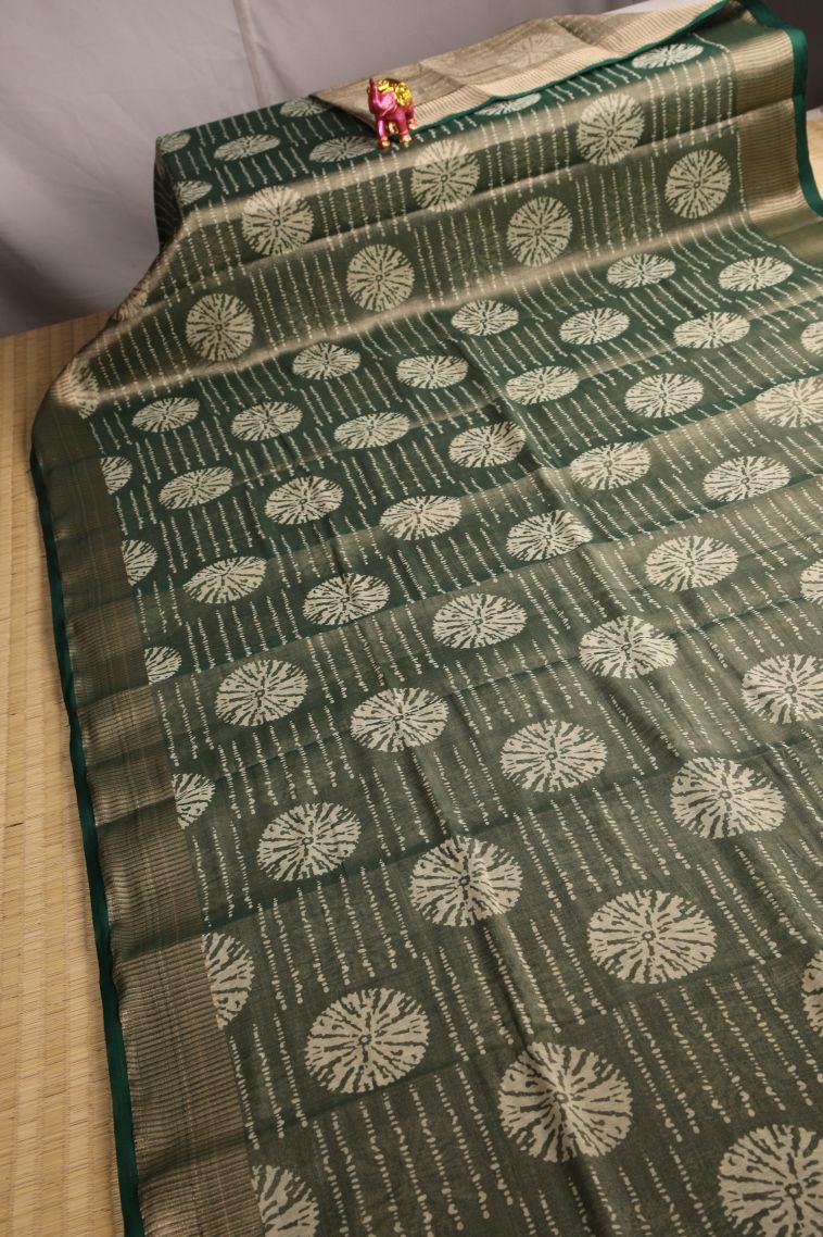 Bottle Green Semi Raw Silk Printed with Gold Zari Bandhani / Tie Dye view 2