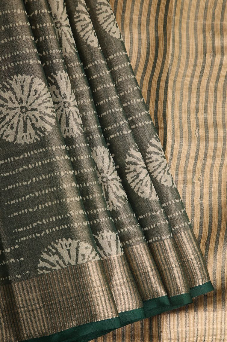 Bottle Green Semi Raw Silk Printed with Gold Zari Bandhani / Tie Dye view 1