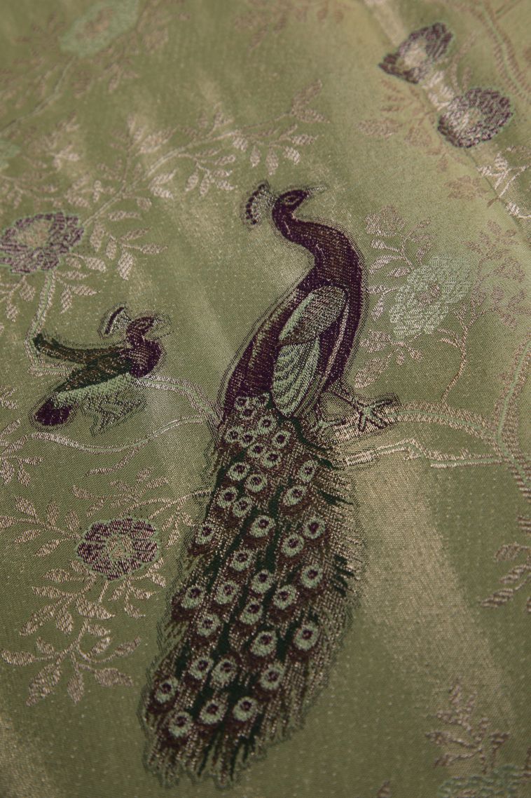Mint Green Tissue Silk Sarees with Copper Zari Peacock Motifs view 4